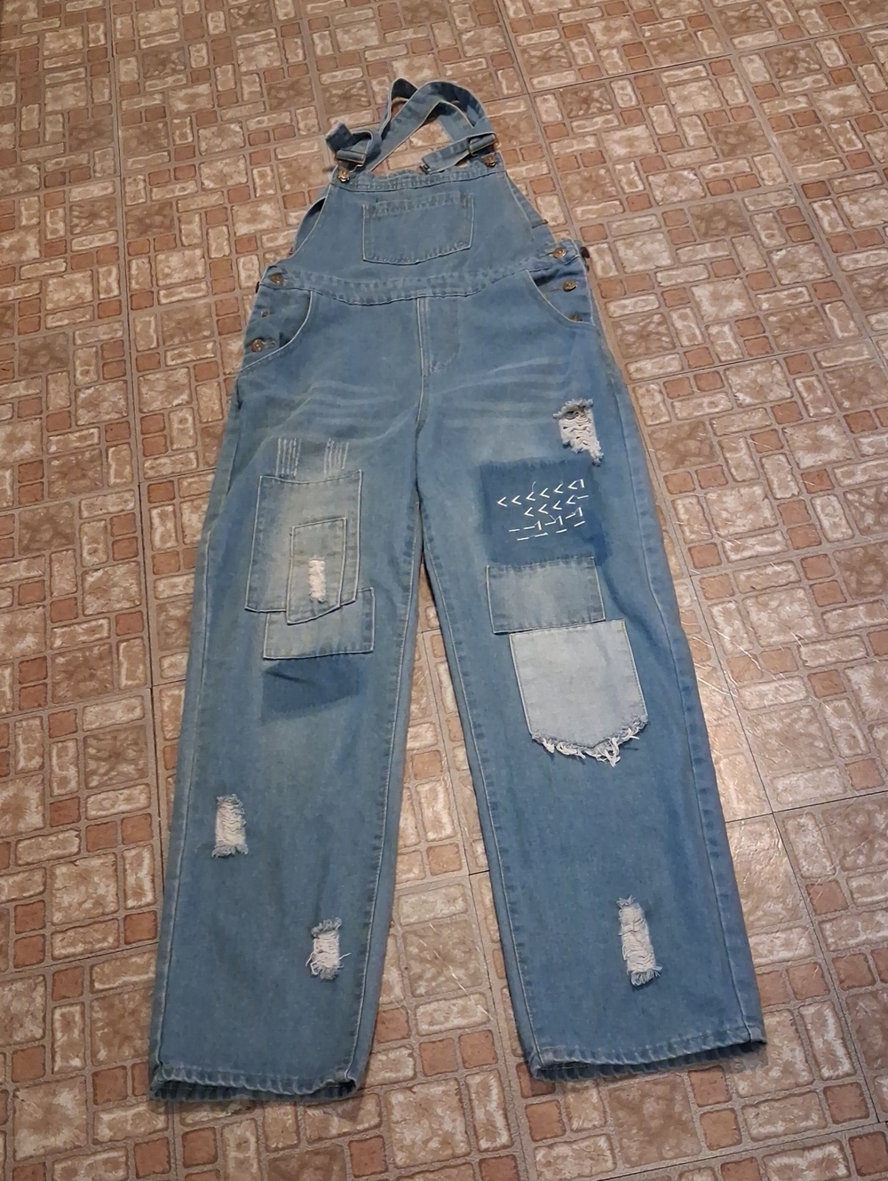 MISSLOOK Light Blue Patchwork Distressed Denim Overalls Size Medium